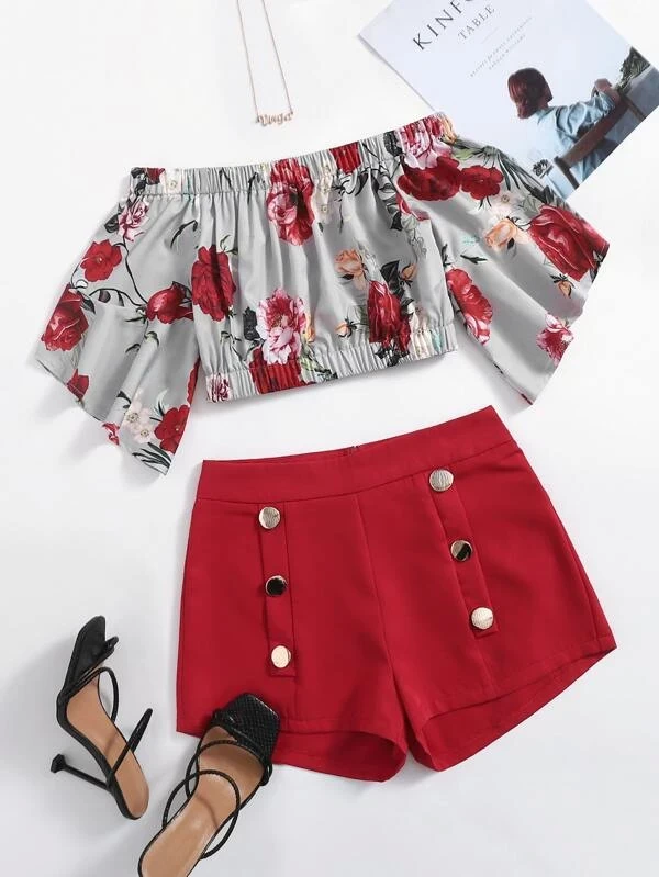 طقم قطعتين زر مزدوج رسم الزهر بوهو